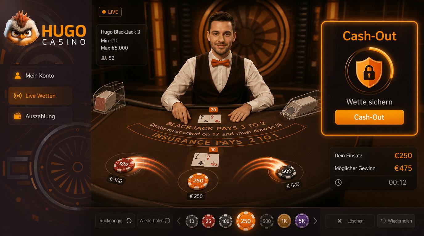 Live-Spiel-Tisch mit Cash-Out-Button und Einsatzfeedback.