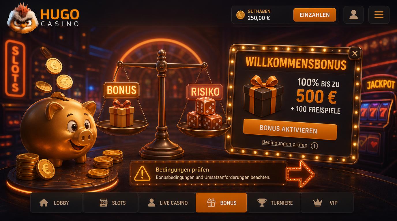 Sparschwein mit Münzen, Waage und Casinobonus-Angebot mit deutschem Hinweis „Bedingungen prüfen“.