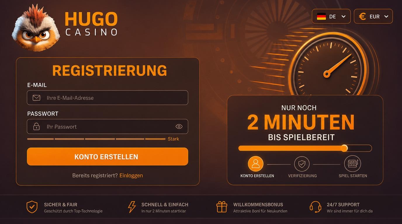 Ein Anmeldeformular mit Email-, Passwortfeldern, Deutschlandflagge und Hinweis „in 2 Minuten startklar“