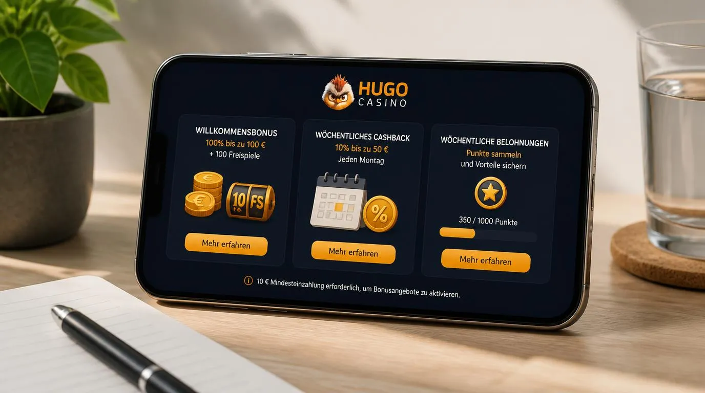 Bonusübersicht auf einem Smartphone mit Willkommensangebot, Cashback und wöchentlichen Prämien