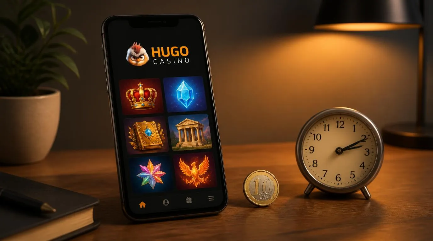Smartphone mit Casino-Spielauswahl neben einer 10-Euro-Münze und einer Uhr als Hinweis auf Auszahlungen
