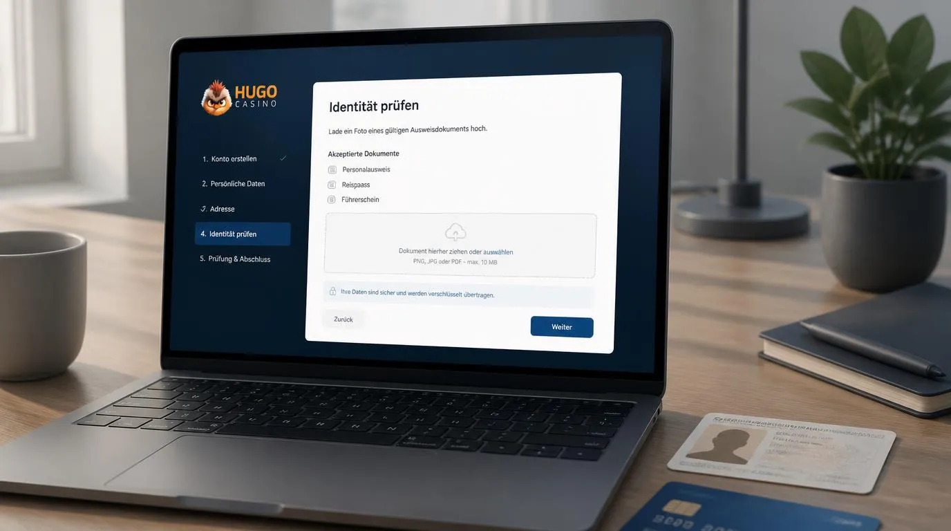Laptop mit Registrierungsformular und sicherem Dokumentenupload neben einer Zahlungskarte