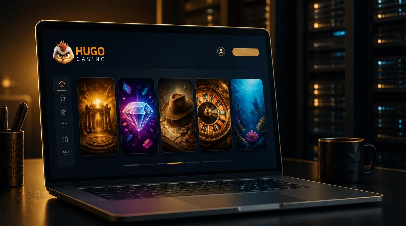 Übersichtliche Casino-Spieloberfläche auf einem Laptop mit Spielkacheln und stabiler Serverinfrastruktur im Hintergrund